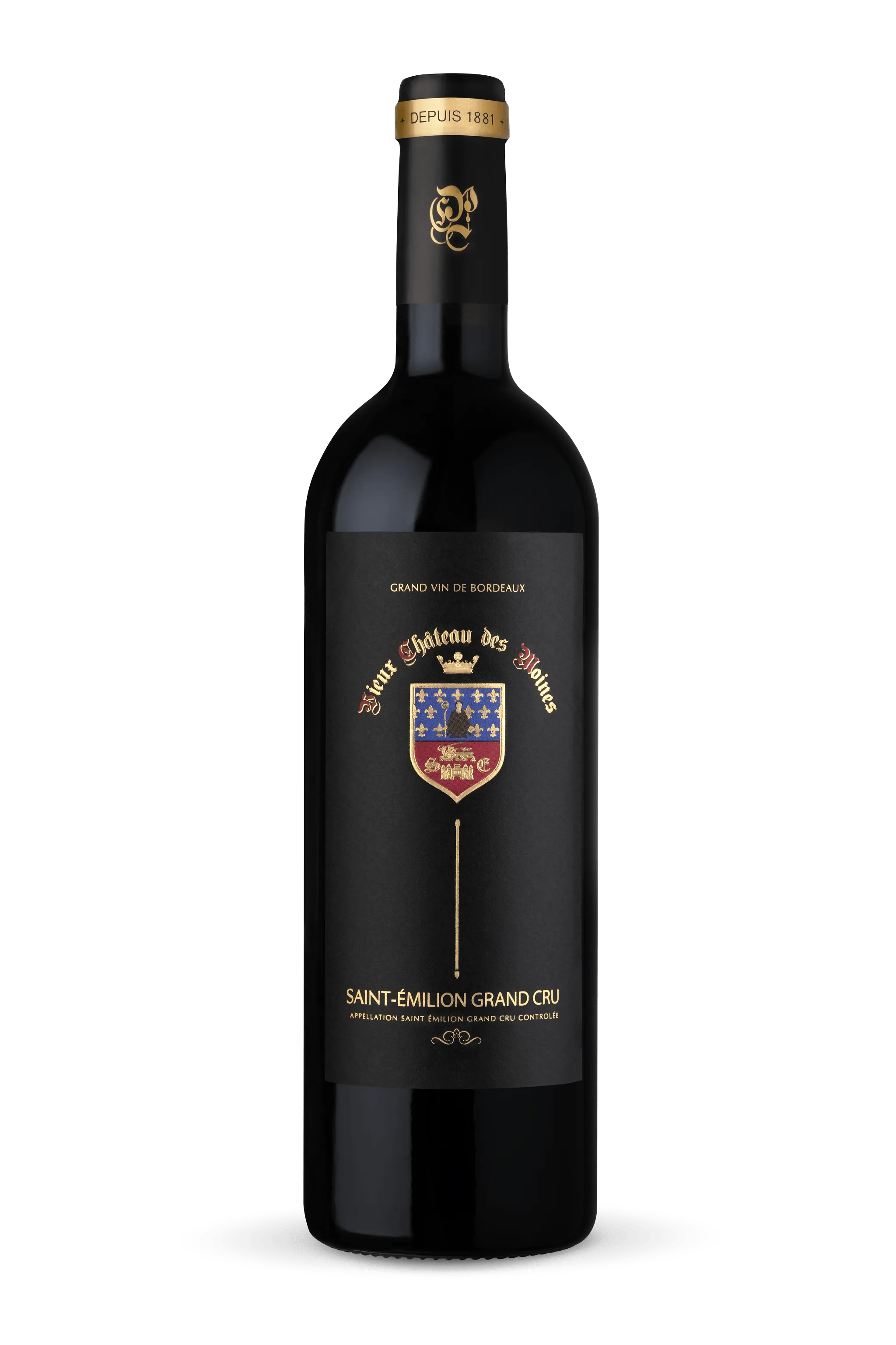 A photograph of a bottle of Vieux Château des Moines award winning Saint-Émilion Grand Cru red wine.