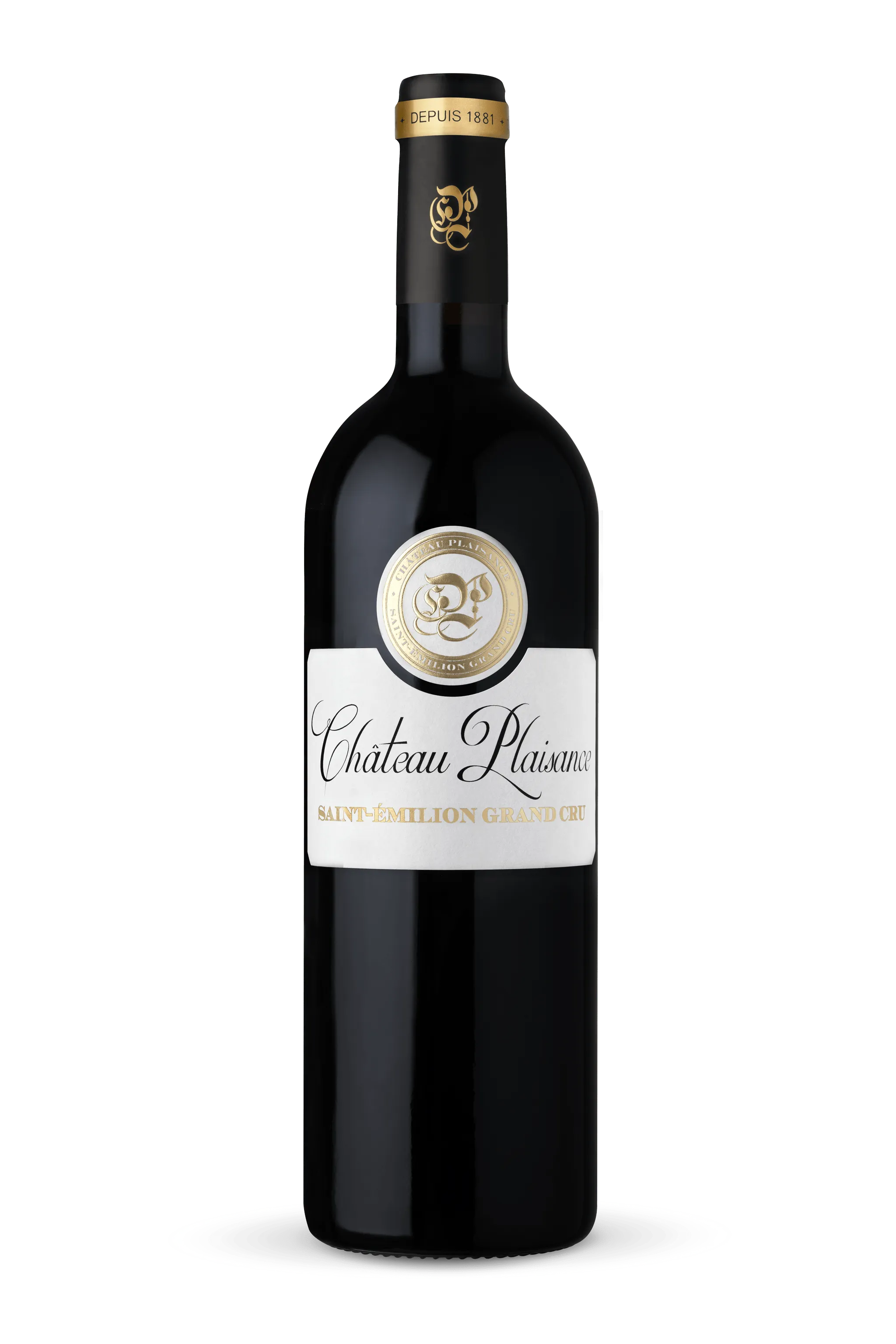 A photograph of a bottle of Château Plaisance award winning Saint-Émilion Grand Cru red wine.