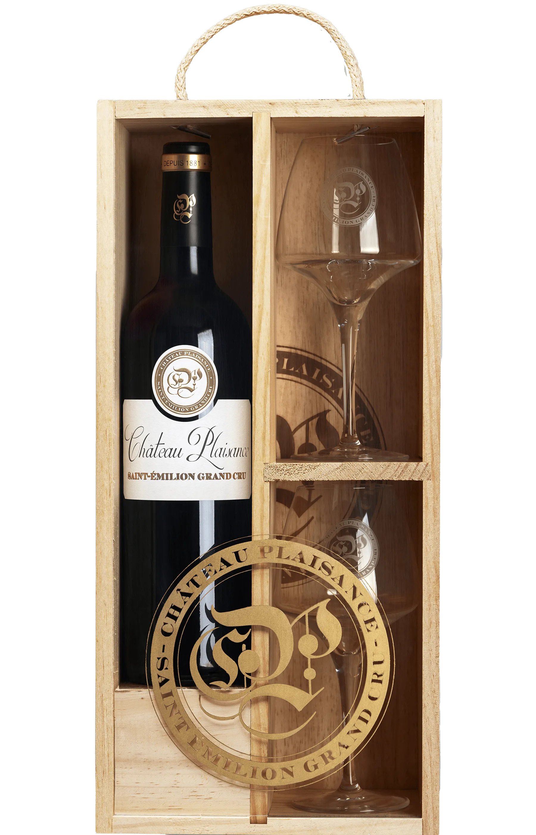 A photograph of the one bottle and two glasses special gift case made by Château Plaisance.