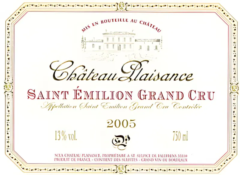 Ein Weinetikett für Château Plaisance Saint-Émilion Grand Cru, Jahrgang 2005, mit 13% Alkoholgehalt.
