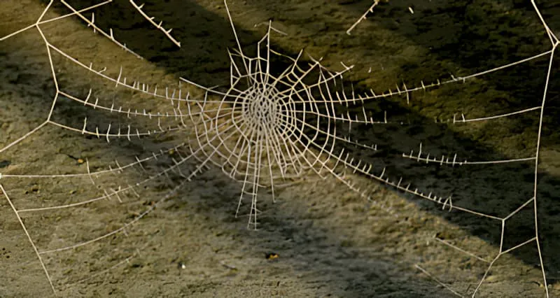 A detailed close-up of an intricate spider web covered in frost crystals, creating a delicate natural pattern against a blurred background.