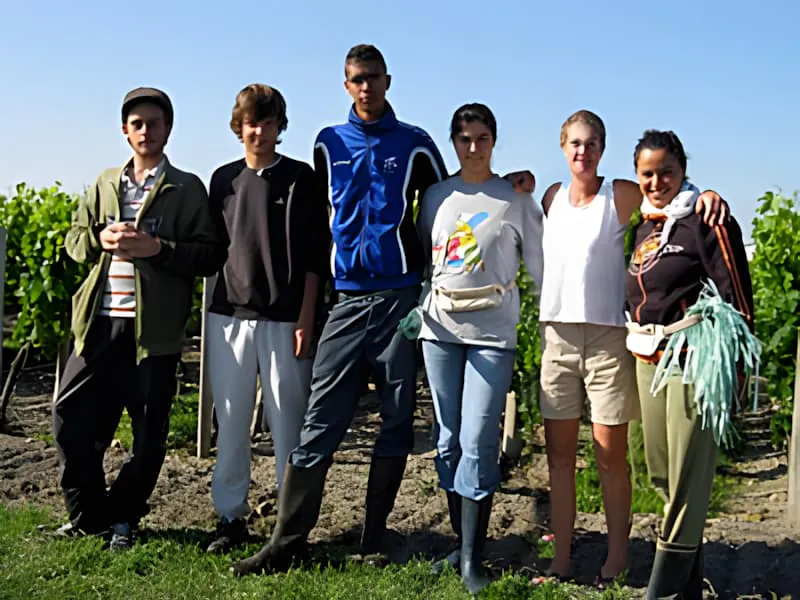 Six vineyard workers standing together in a line in front of grapevines, smiling for a group photo on a sunny day.