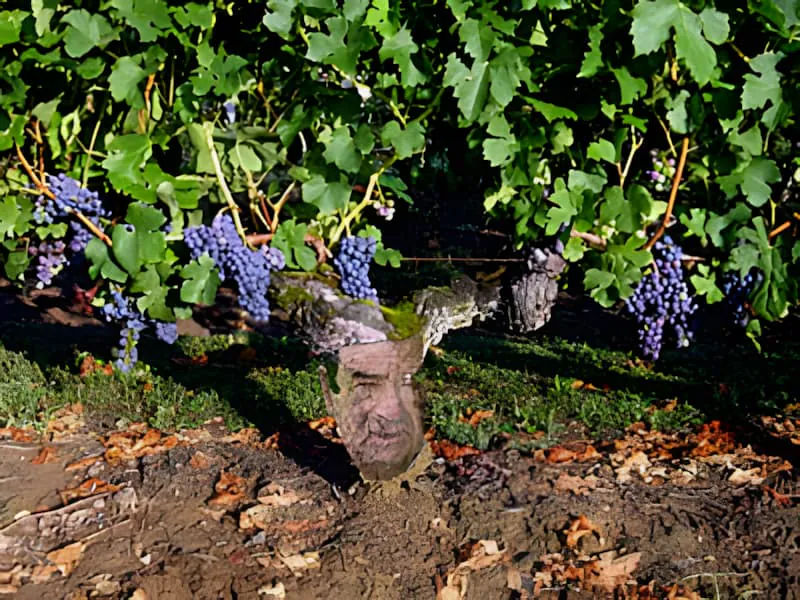 另一个古老葡萄藤的视角，展示其巨大、扭曲的主干结构和丰富的葡萄串，是非常老藤的特征。