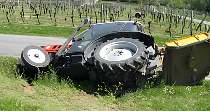 A dark-colored tractor lying on its side in tall grass beside a road, showing the aftermath of an accident caused by a hidden ditch.