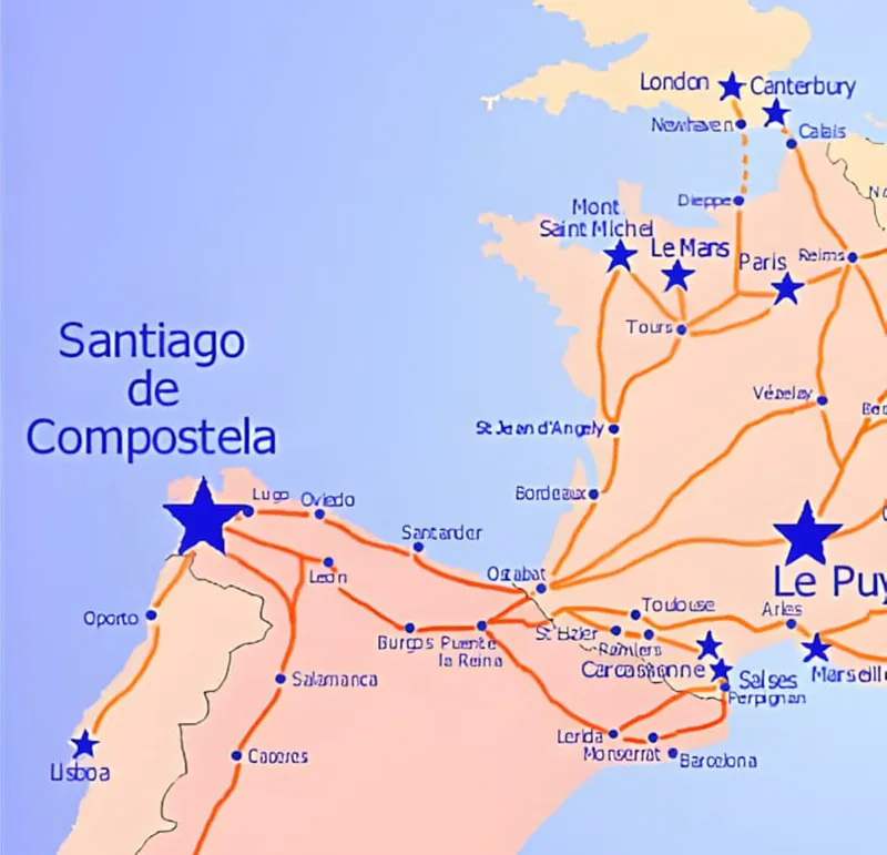 A map showing the various pilgrimage routes of the Camino de Santiago de Compostela through France and Spain.