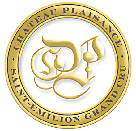 The golden circular logo of Château Plaisance featuring ornate