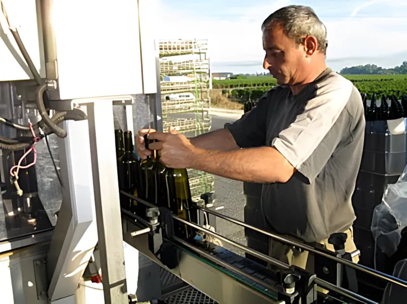 一名男子操作装瓶机,穿着休闲工作服和帽子,将空瓶装入设备。